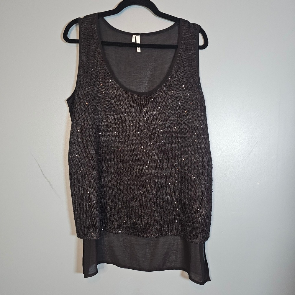 Studio Y‎ Womens XL Black Sequin Knit Mixed Media High Low Sleeveless Tank Top